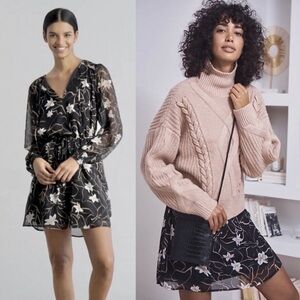 NWT Elizabeth and James Dress / tunic black cream tan  sheer sleeve Large L